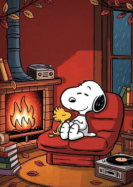 Snoopy and Woodstock by the Fireplace