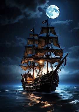 Pirate Ship Under Moonlight
