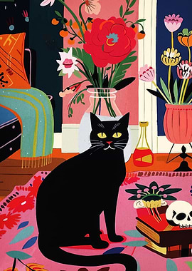 Black Cat with Flowers and Skull