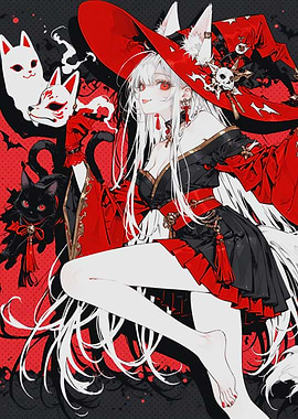 Fox Girl Witch with Black Cat