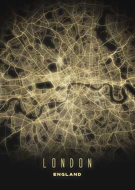 London, England - Glowing City at Night Map Poster