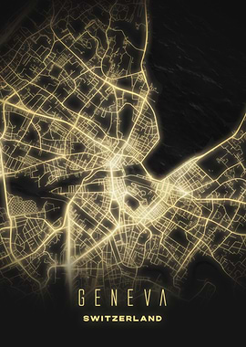 Geneva, Switzerland - Glowing City Map Poster, Illuminated Grid at Night