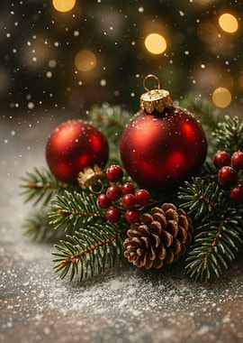 Christmas Ornaments and Pine Cone Still Life