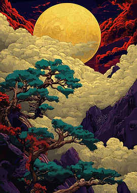 Asian Landscape with Moon and Trees