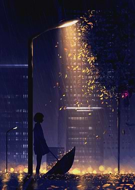 Rainy Night Cityscape with Figure