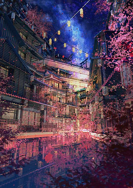 Japanese Town at Night with Cherry Blossoms