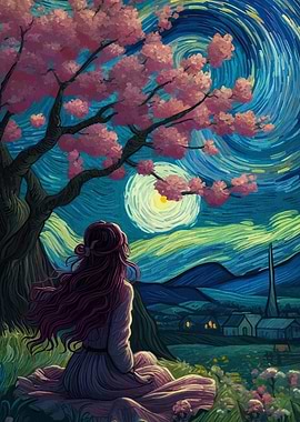 Girl under Cherry Blossom Tree Painting