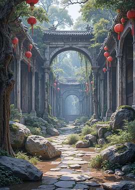 Overgrown Asian Temple Ruins with Lanterns