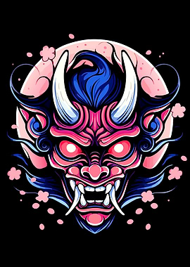 Japanese Oni Mask with Cherry Blossoms