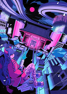 Cyberpunk Cityscape with Horned Girl