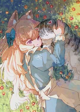 Anime Girl with Cat in Meadow
