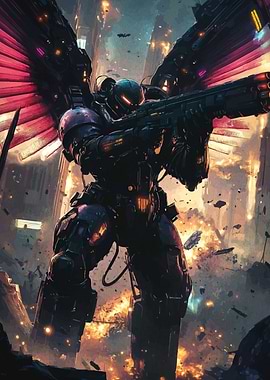 Cyberpunk Warrior War-Torn Cityscape