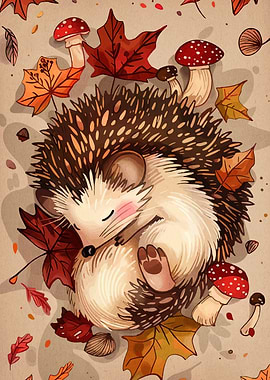 Sleeping Hedgehog with Autumn Leaves