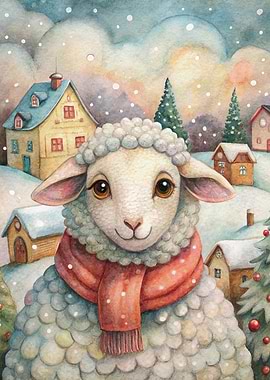 Winter Sheep in Snowy Village