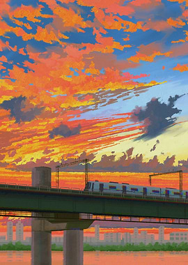 Train on Bridge at Sunset