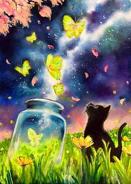 Cat, Butterflies, and Jar Painting