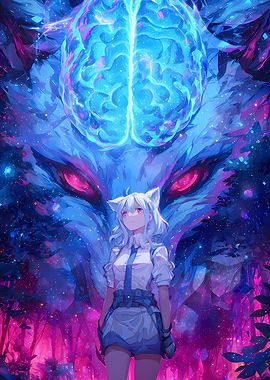 Neon Anime Girl with Wolf and Brain