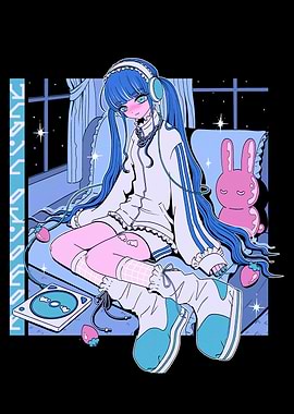 Blue-haired girl listening to music