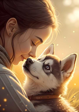 Golden Bond Woman and Husky’s Tender Moment Digital Illustration Art
