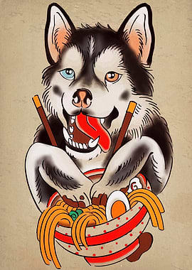 Husky eating ramen bowl illustration
