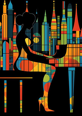 Abstract Woman Playing Piano Cityscape