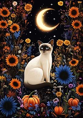 Siamese Cat in Floral Night Garden