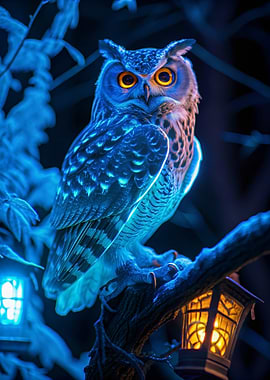 Glowing Owl Perched at Night in Winter