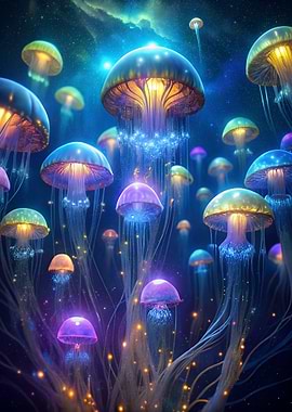 Glowing Jellyfish in Deep Blue Sea