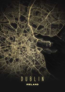 Dublin, Ireland - Illuminated City Map Poster, Modern Urban Nightscape