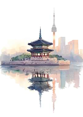 Seoul, South Korea Watercolor Landscape