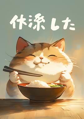 Happy Cat Eating Rice