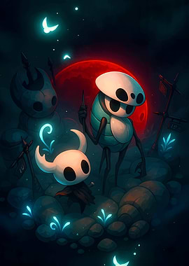 Hollow Knight characters under red moon