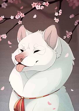 White Dog with Cherry Blossoms