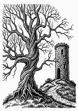 Tower and Tree Black and White