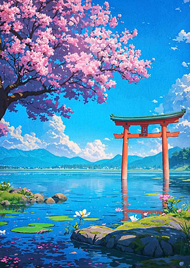 Japanese Torii Gate Cherry Blossoms