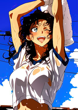 Anime Girl Wiping Sweat with Towel