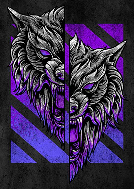 Wolf Split Face Purple Graphic Art