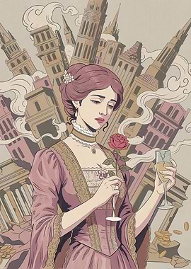 Melancholy Woman with Rose and Champagne