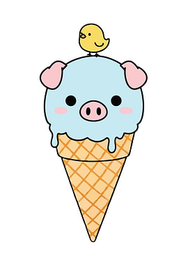 Cute Pig Ice Cream Cone with Bird