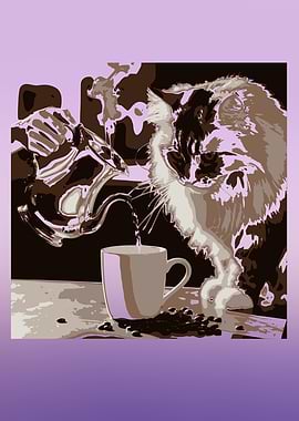 Cat, Coffee, and Kettle Still Life