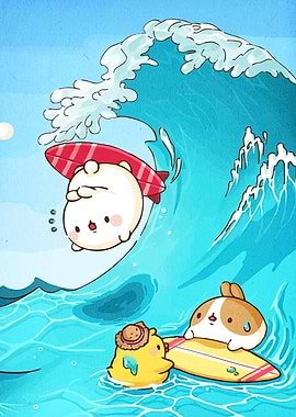Cartoon Animals Surfing Wave