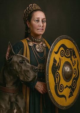 Viking woman with dog and shield