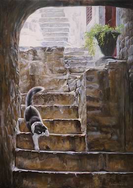Cat on Stone Steps Painting