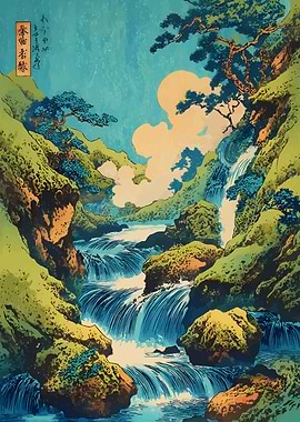 Japanese Landscape with Waterfall and Mountains