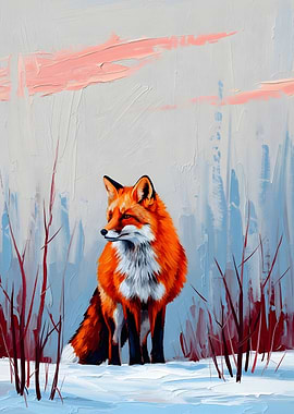 Fox in Winter Landscape Painting