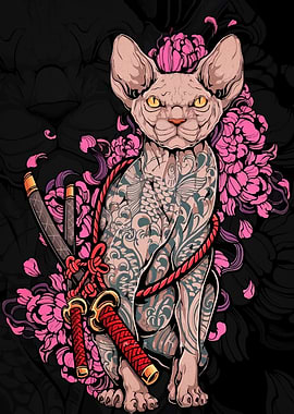 Tattooed Cat with Swords and Flowers