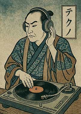 Ukiyo-e DJ with Headphones