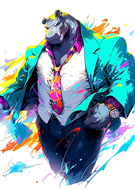 Hippo in Suit with Colorful Splashes