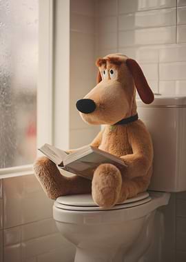 Dog Plush Reading on Toilet