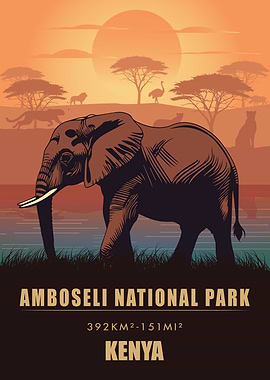 Vintage Amboseli National Park Poster , Kenya Elephant Safari Art , Retro Wildlife Print